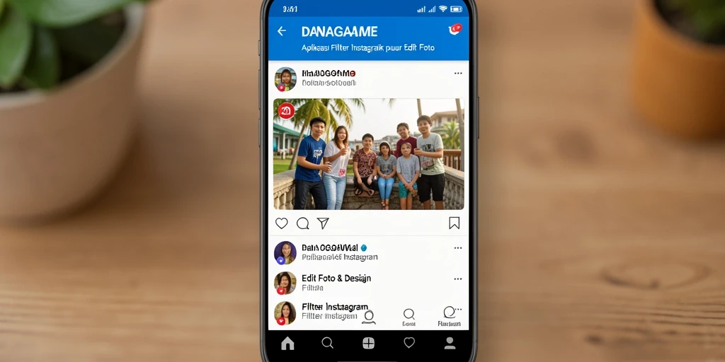 Tampilan antarmuka aplikasi DANAGAME dengan pilihan filter Instagram yang bervariasi.